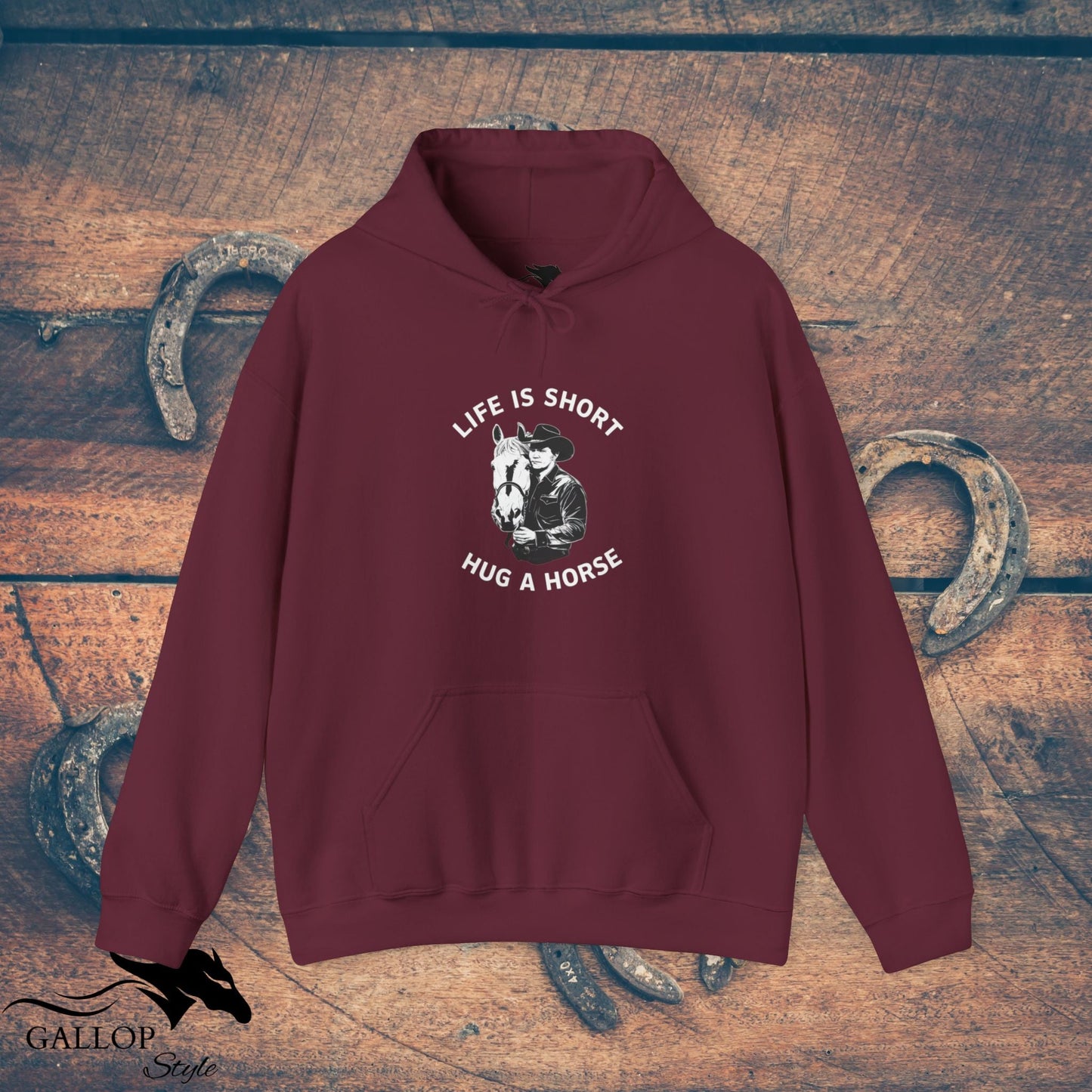 Hoodie Maroon / S life is short hug a horse male Unisex Hoodie GS_33