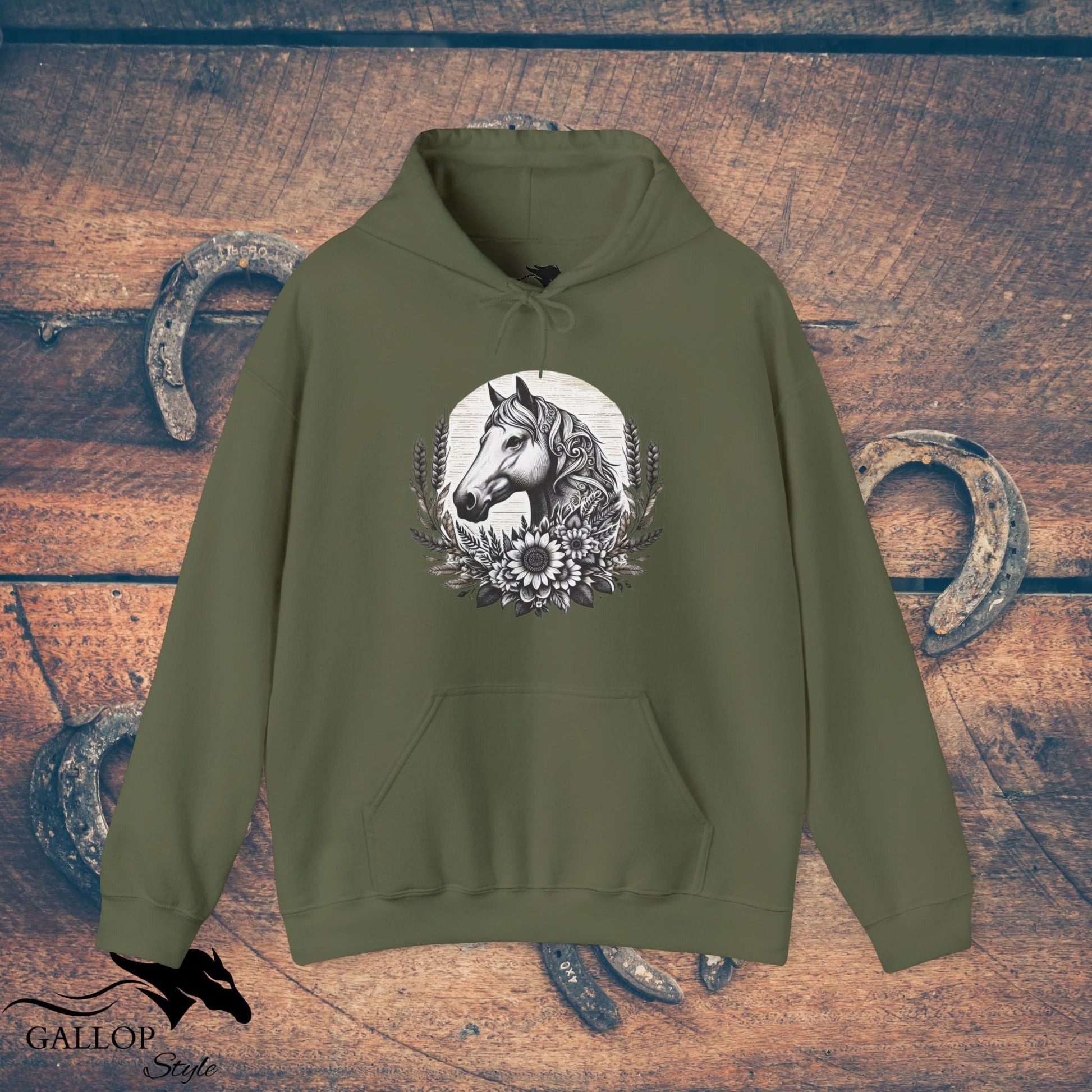 Hoodie Military Green / S Horse Sunflowers Wheat Unisex Hoodie GS_1