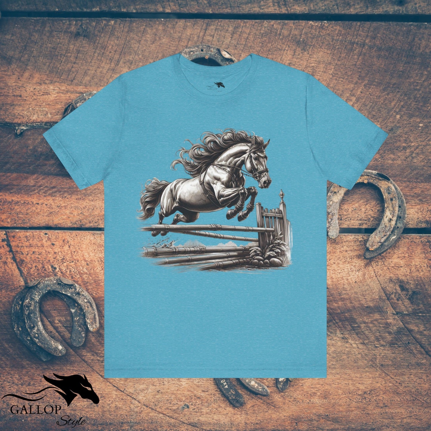 T-Shirt Heather Aqua / S Horse Jumping Fence Flowing Mane GS_17