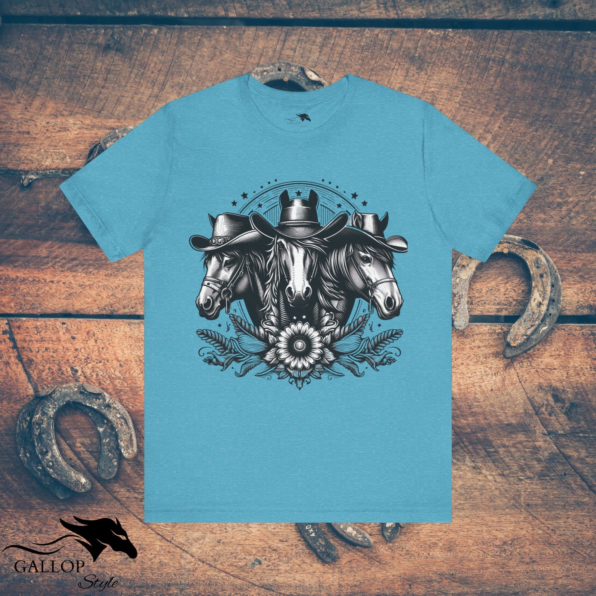 T-Shirt Heather Aqua / S Horse Trio Cowboy Hats T-Shirt GS_28