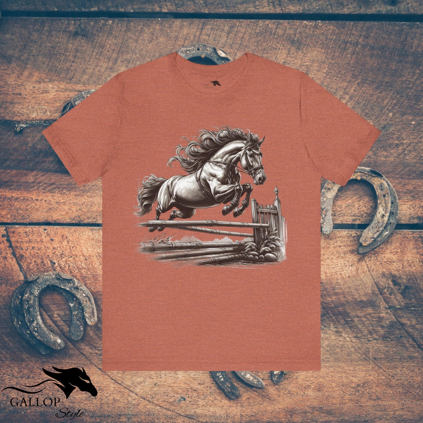 T-Shirt Heather Clay / S Horse Jumping Fence Flowing Mane GS_17