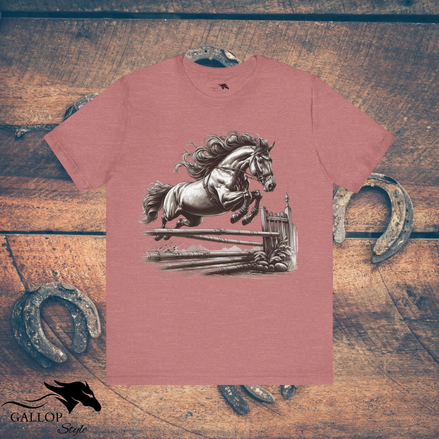 T-Shirt Heather Mauve / S Horse Jumping Fence Flowing Mane GS_17