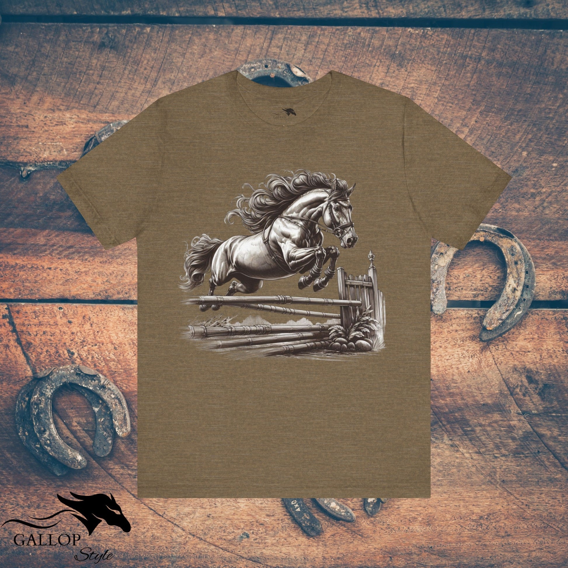 T-Shirt Heather Olive / S Horse Jumping Fence Flowing Mane GS_17