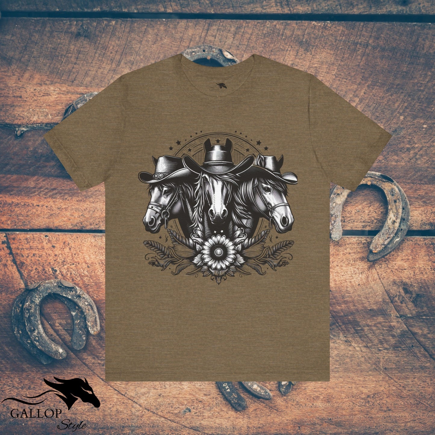 T-Shirt Heather Olive / S Horse Trio Cowboy Hats T-Shirt GS_28