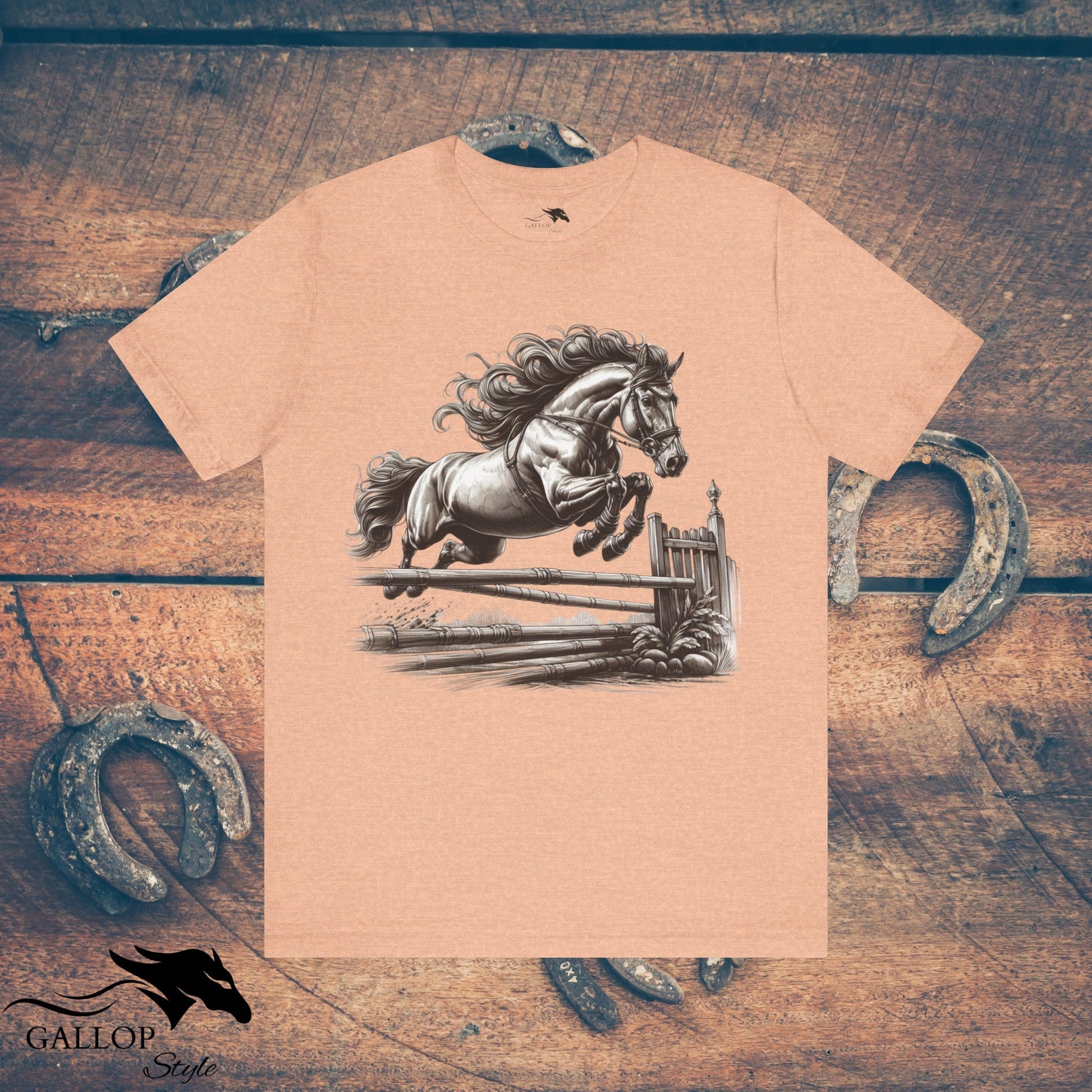 T-Shirt Heather Peach / S Horse Jumping Fence Flowing Mane GS_17