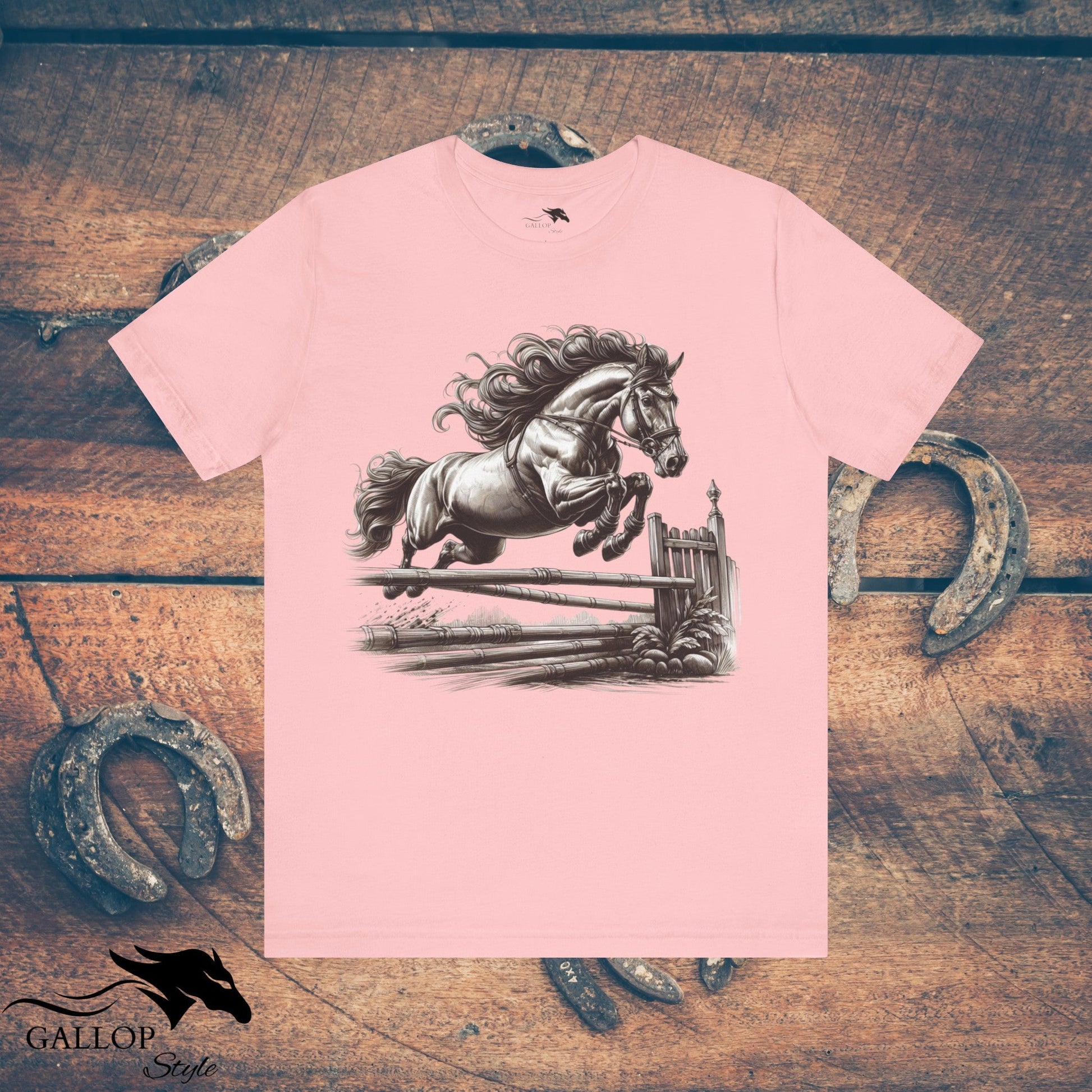 T-Shirt Pink / S Horse Jumping Fence Flowing Mane GS_17